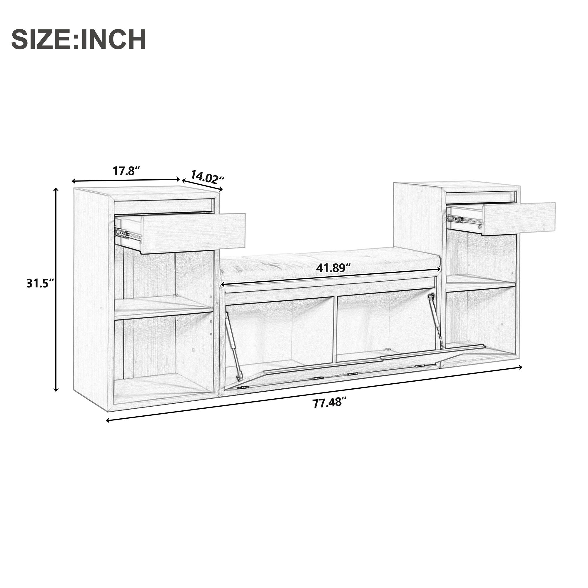 Entryway storage bench with cushion, drawers, and open shelves in brown, white, antique navy, and espresso finishes