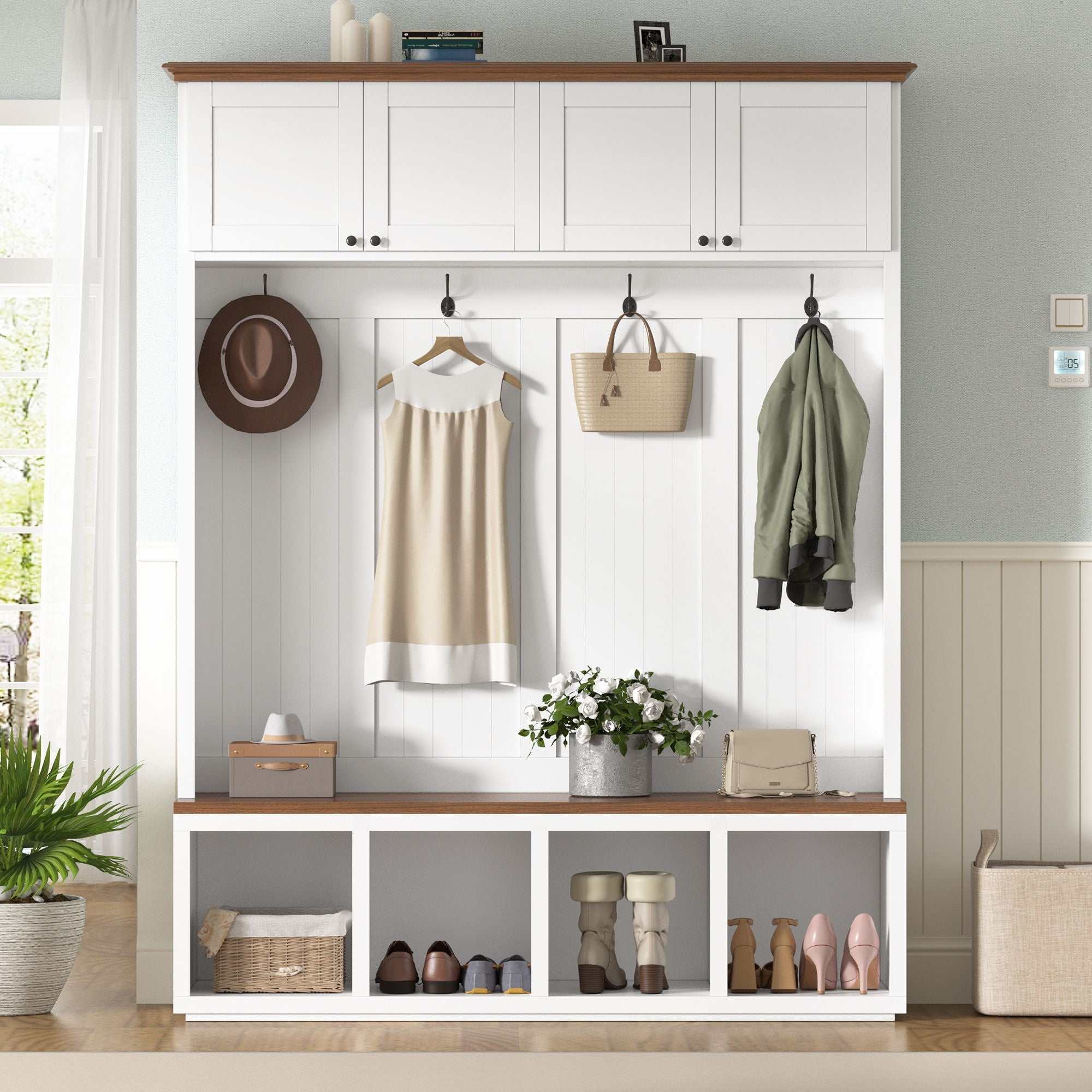Modern entryway hall tree with wood-grain bench, storage cabinets, hooks, and shoe shelves in black and white finishes