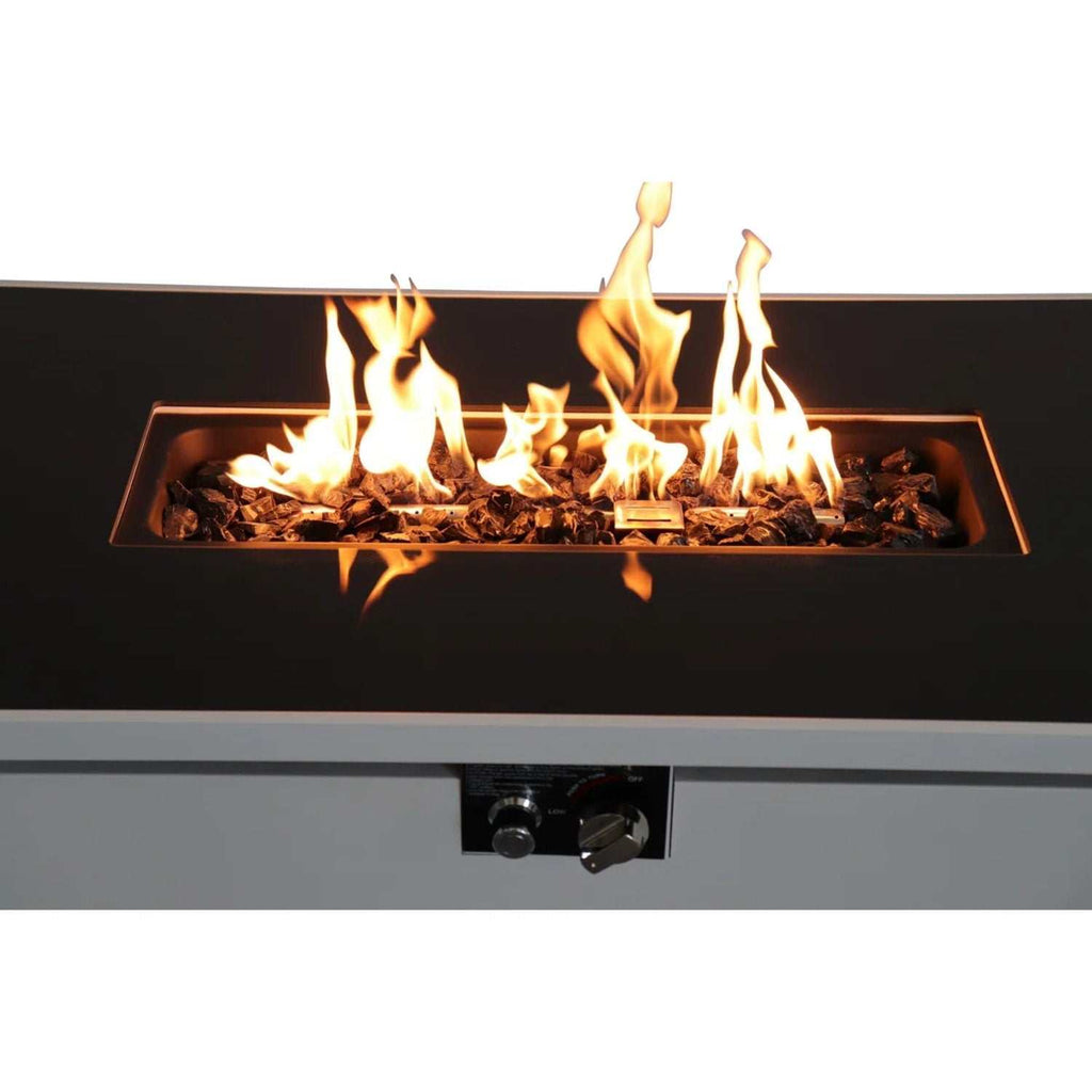 Outdoor 43" rectangular fire pit table in white with adjustable flame control and hidden propane tank storage