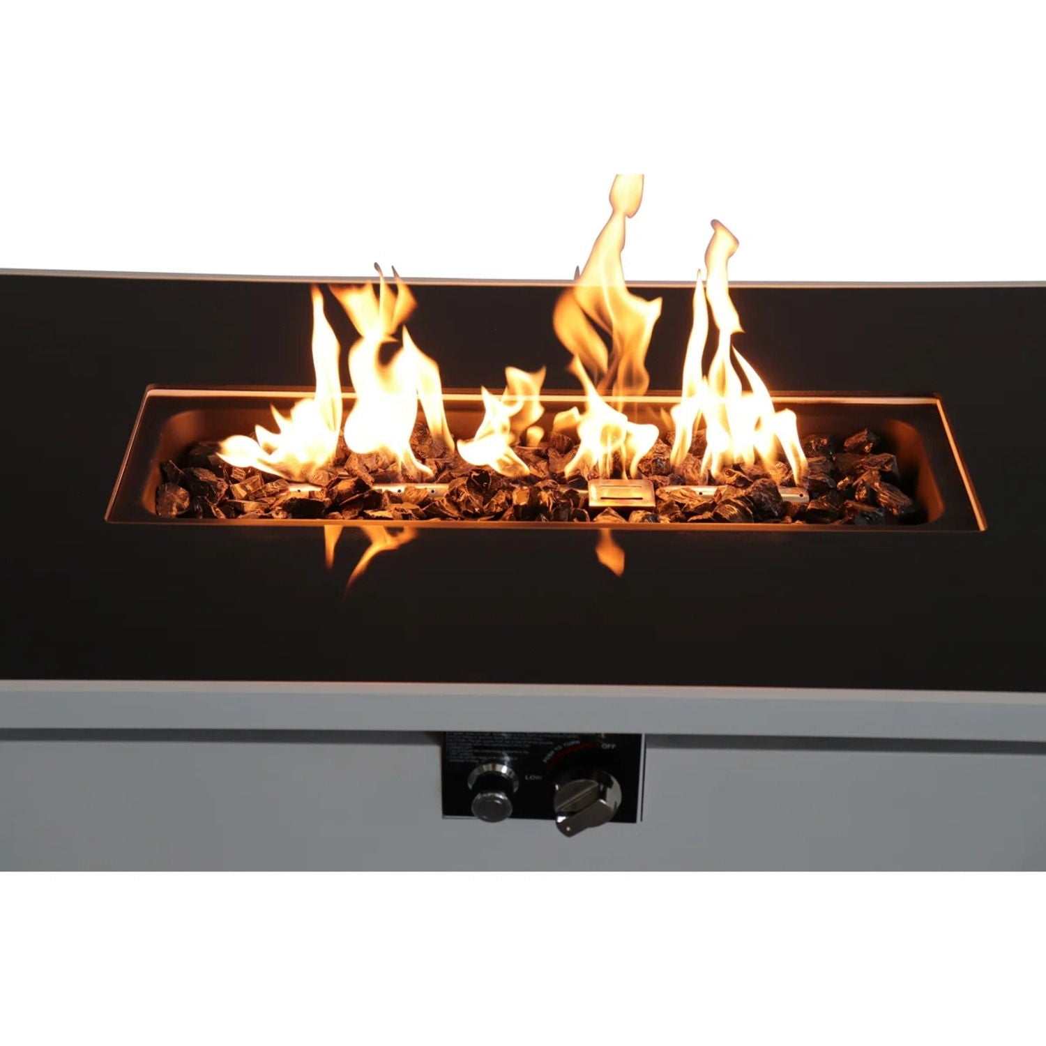 Outdoor 43" rectangular fire pit table in white with adjustable flame control and hidden propane tank storage