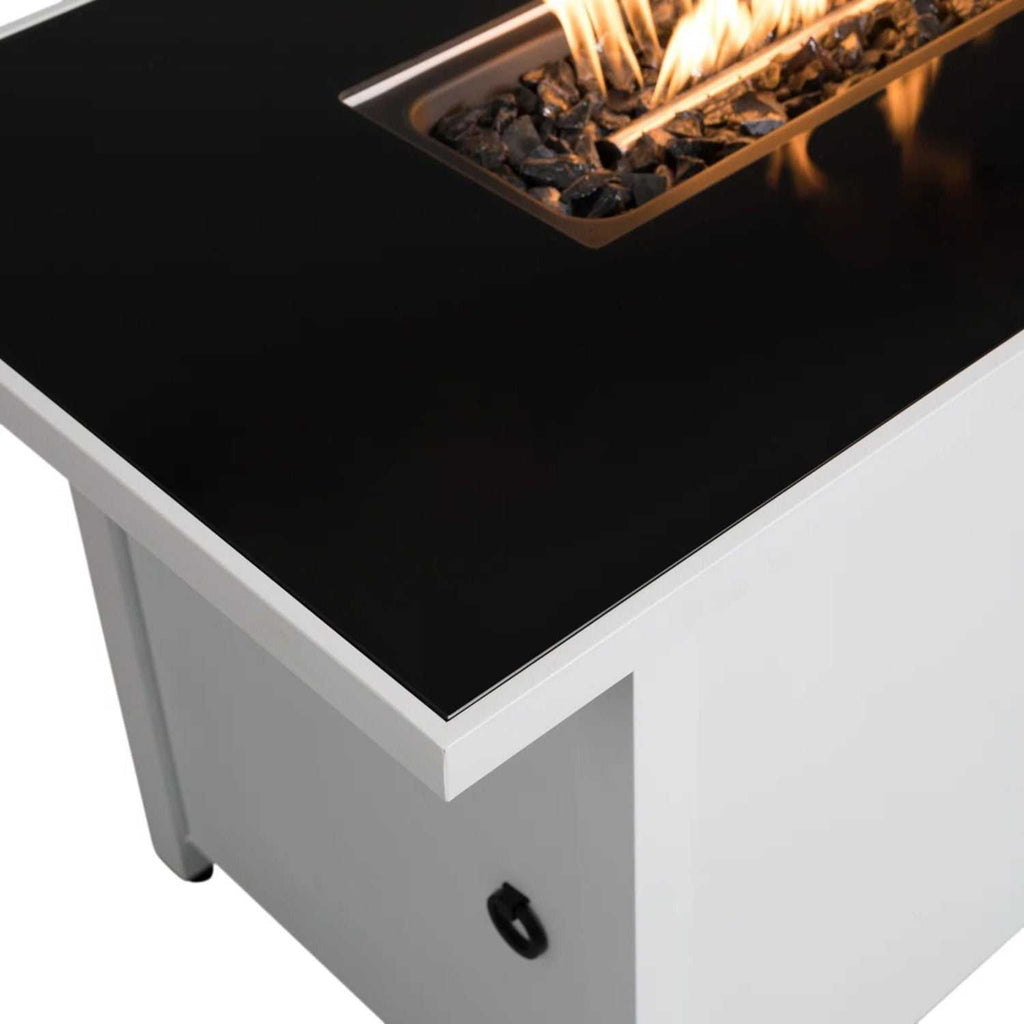 Outdoor 43" rectangular white fire pit table with adjustable flame control and hidden propane tank storage