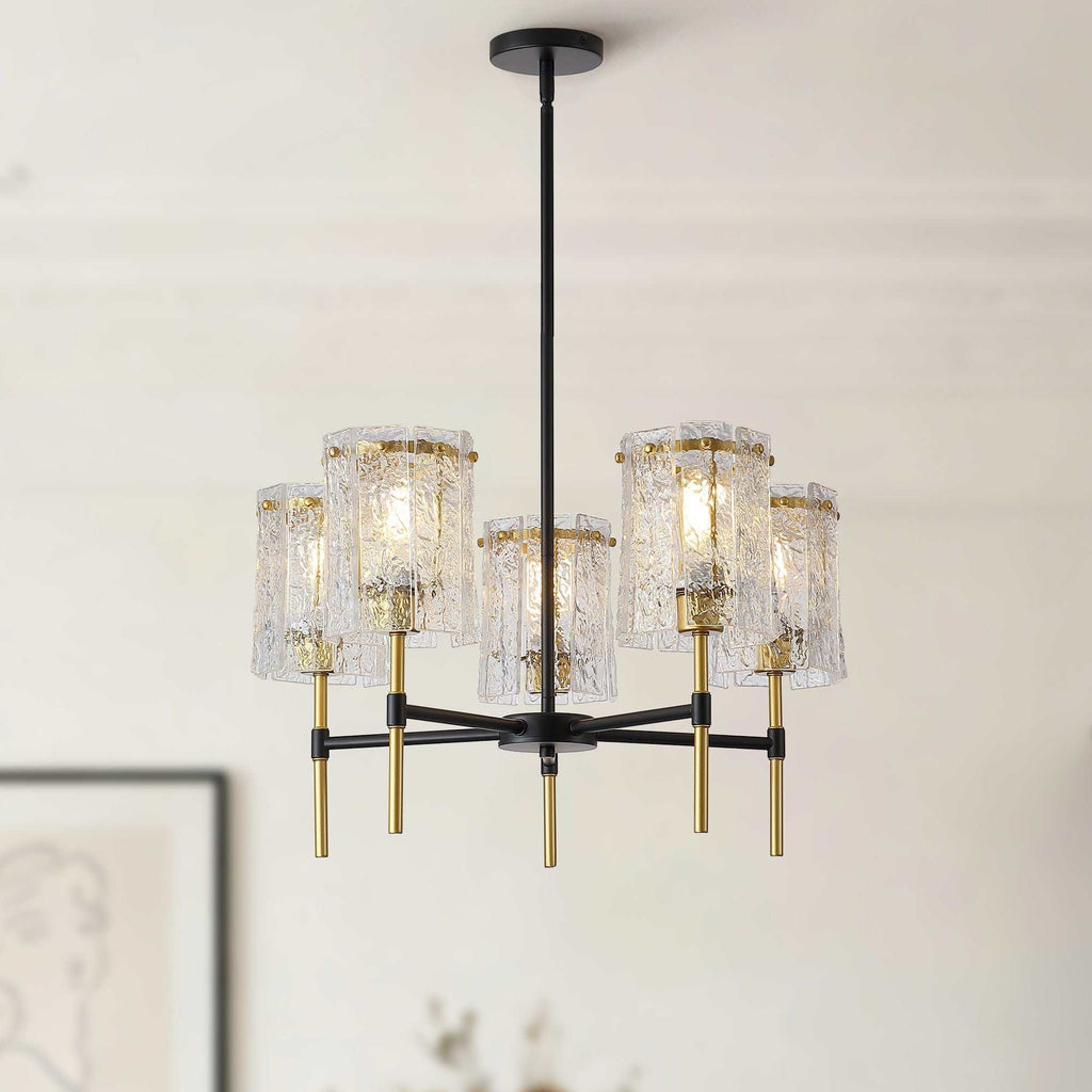 5 light chandelier with textured water-ripple glass shades and black gold iron frame for living room