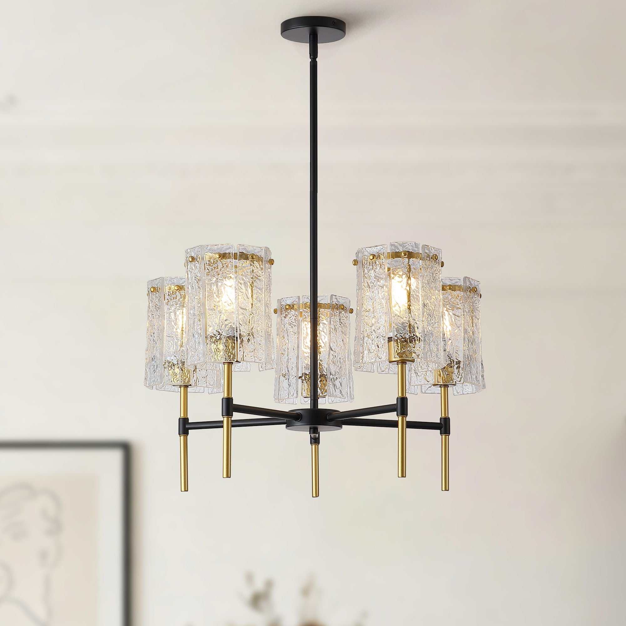 5 light chandelier with textured water-ripple glass shades and black gold iron frame for living room