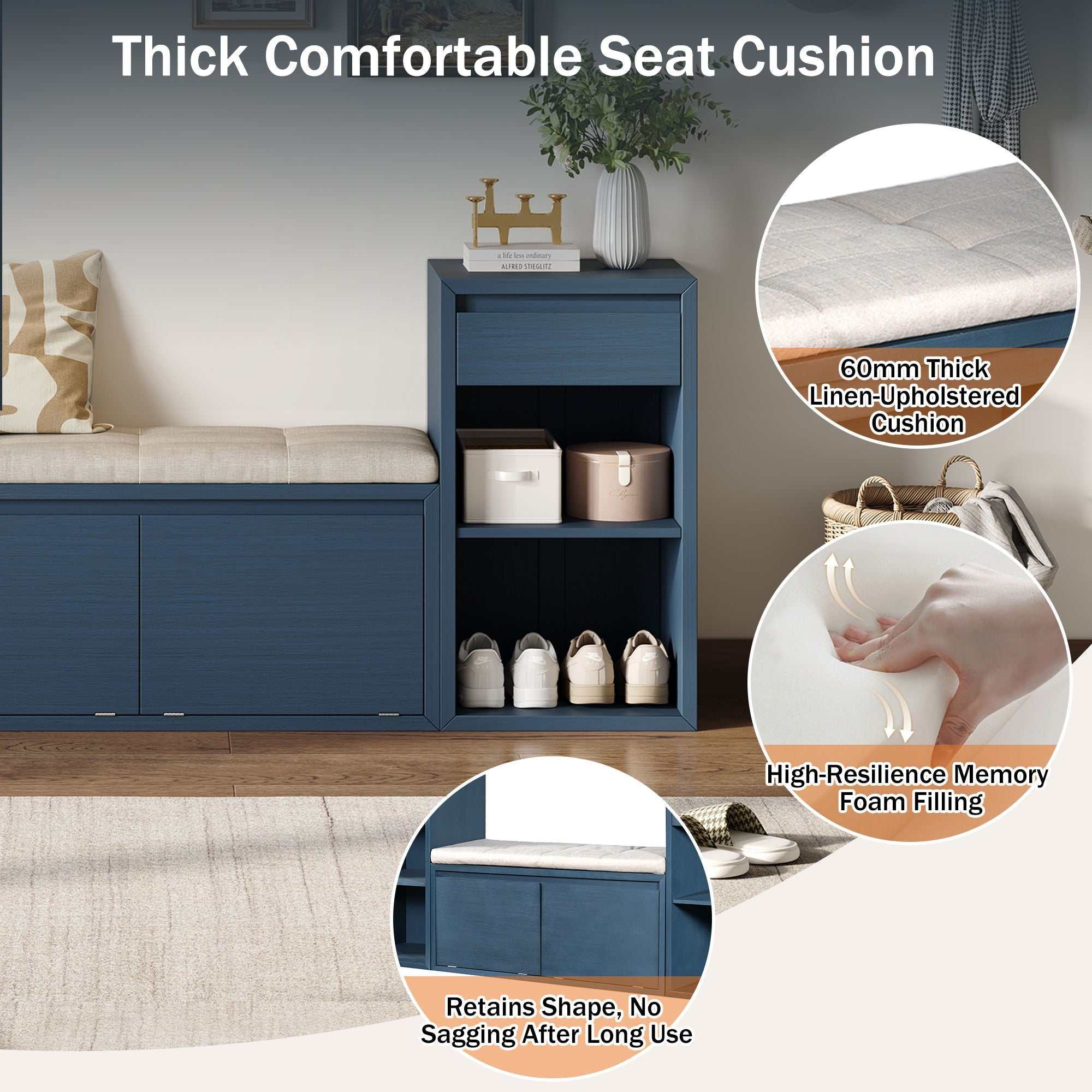 Entryway storage bench with cushioned seat, drawers, and open shelves in multiple colors for organized small spaces