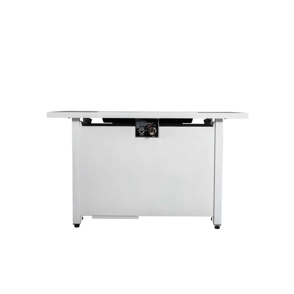 Outdoor 43" rectangular white fire pit table with adjustable flame control and hidden tank storage