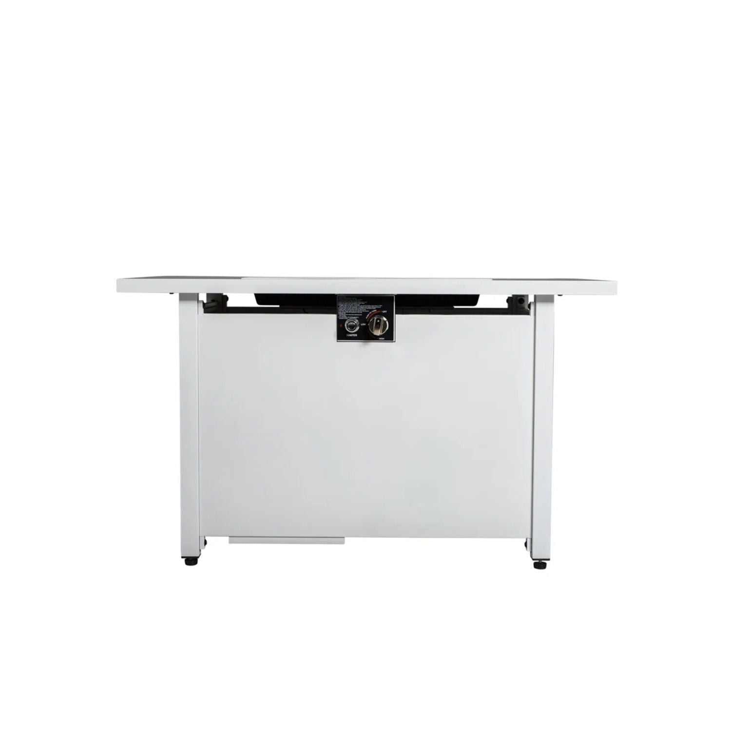 Outdoor 43" rectangular white fire pit table with adjustable flame control and hidden tank storage