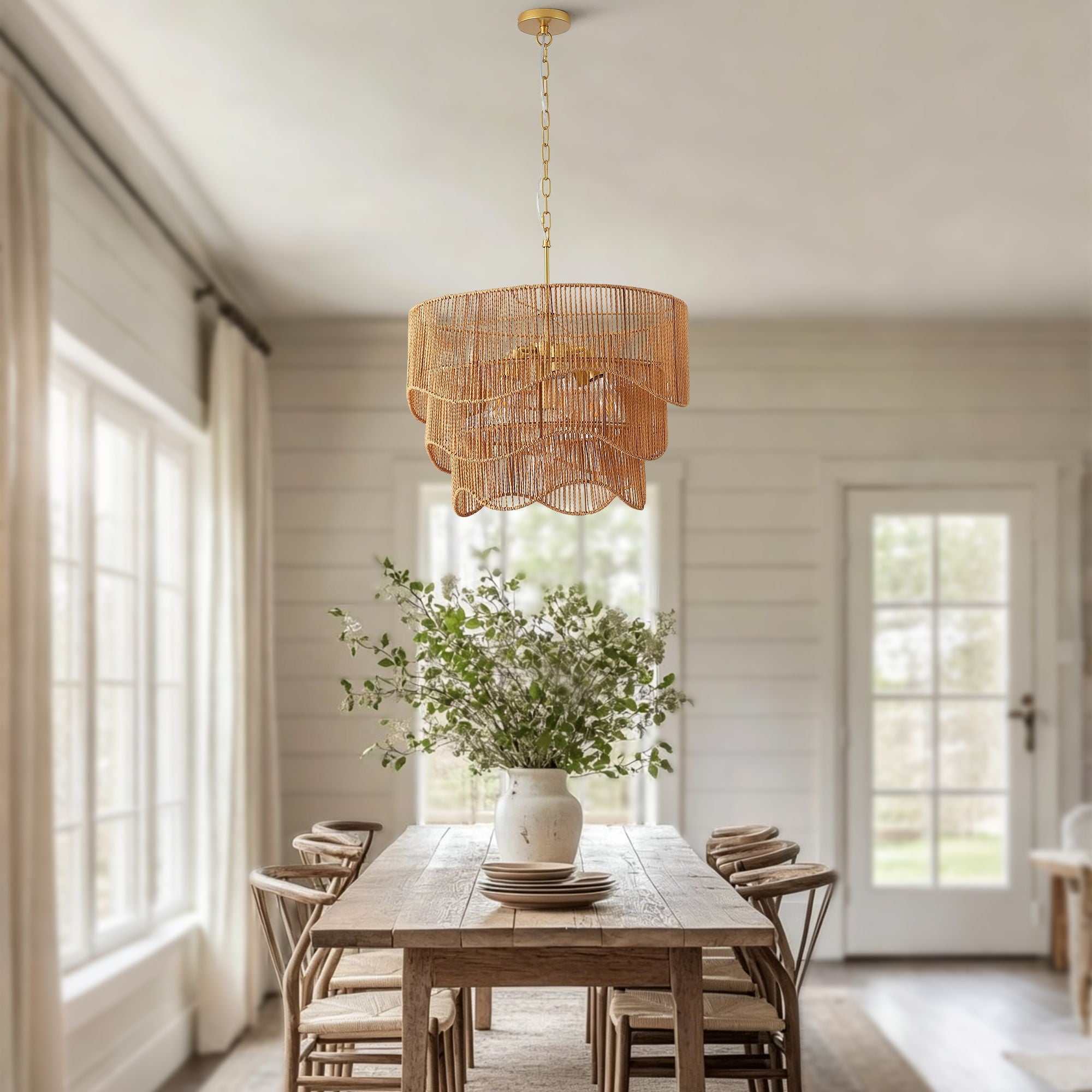 Gold 7-light handwoven paper rattan chandelier with adjustable height for living room ceiling lighting