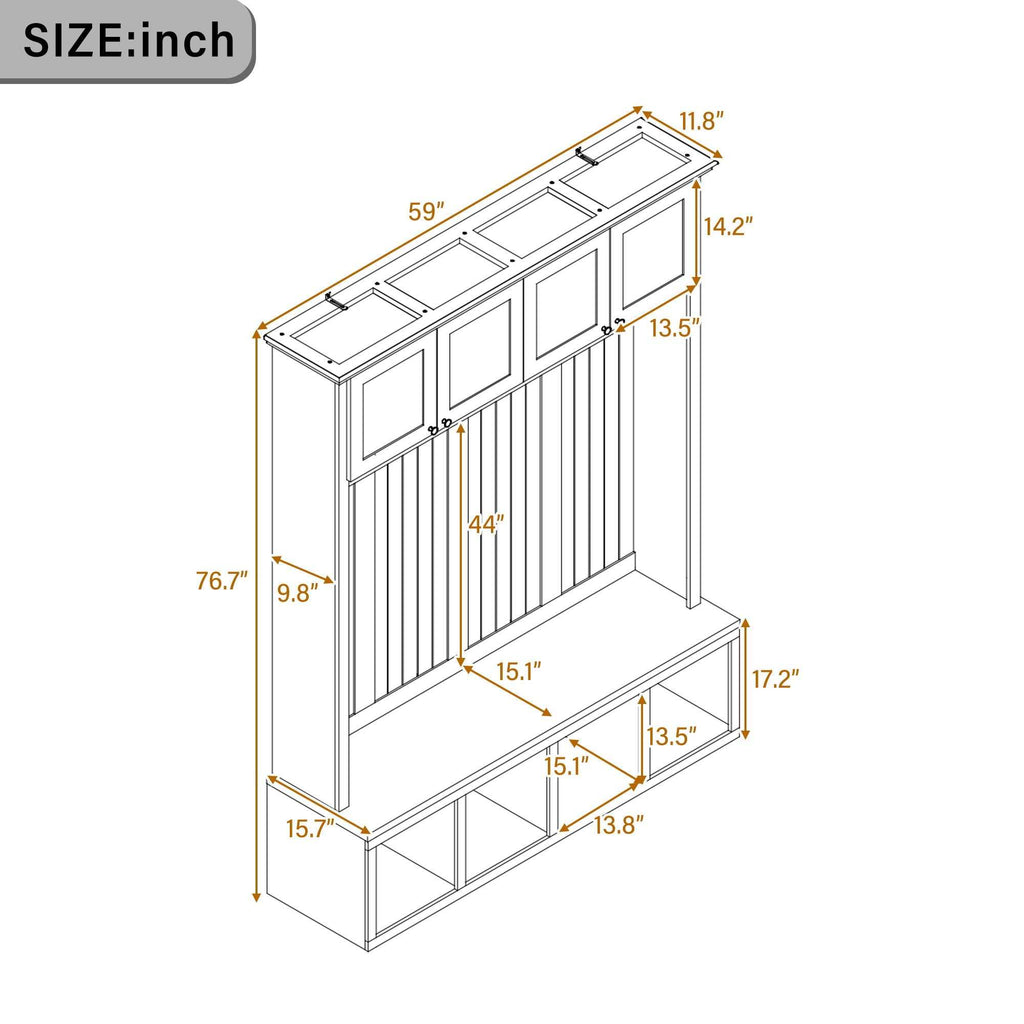 Elegant entryway hall tree with bench, storage cabinets, hooks, and wood-grain finish for hallway organization