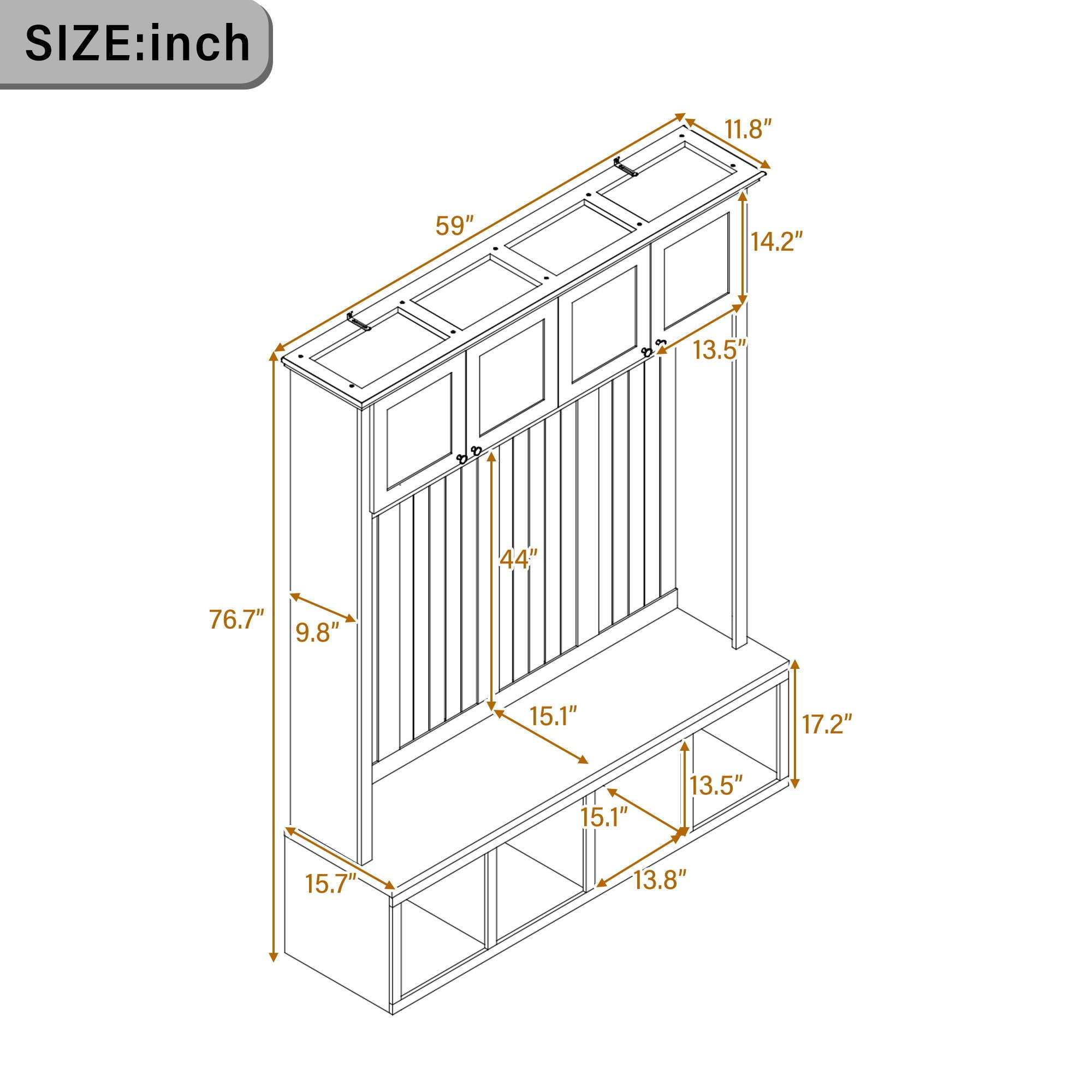 Elegant entryway hall tree with bench, storage cabinets, hooks, and wood-grain finish for hallway organization