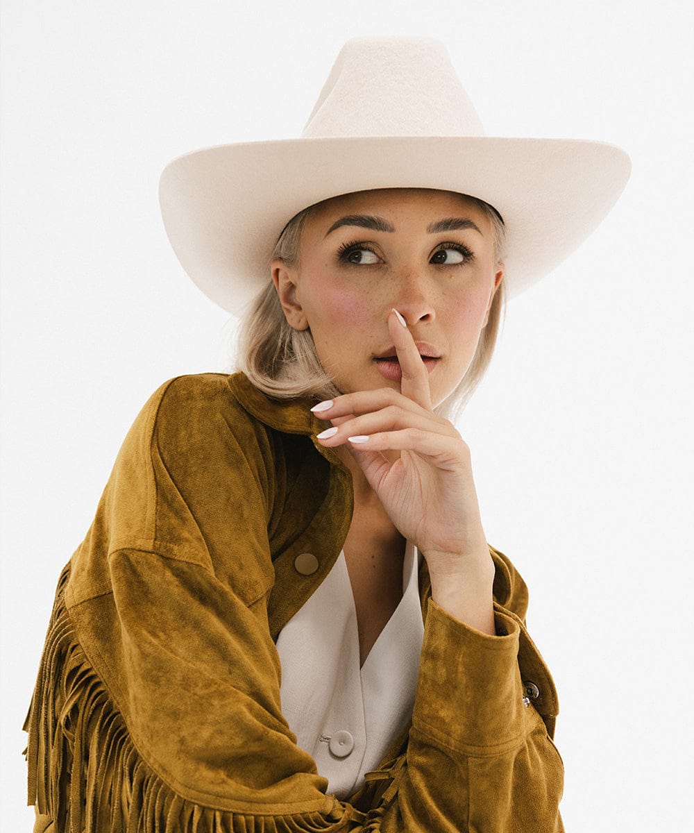 Lane Cowboy Hat with wide Western brim and unique brick top crown, hand-shaped for a classic yet bold look