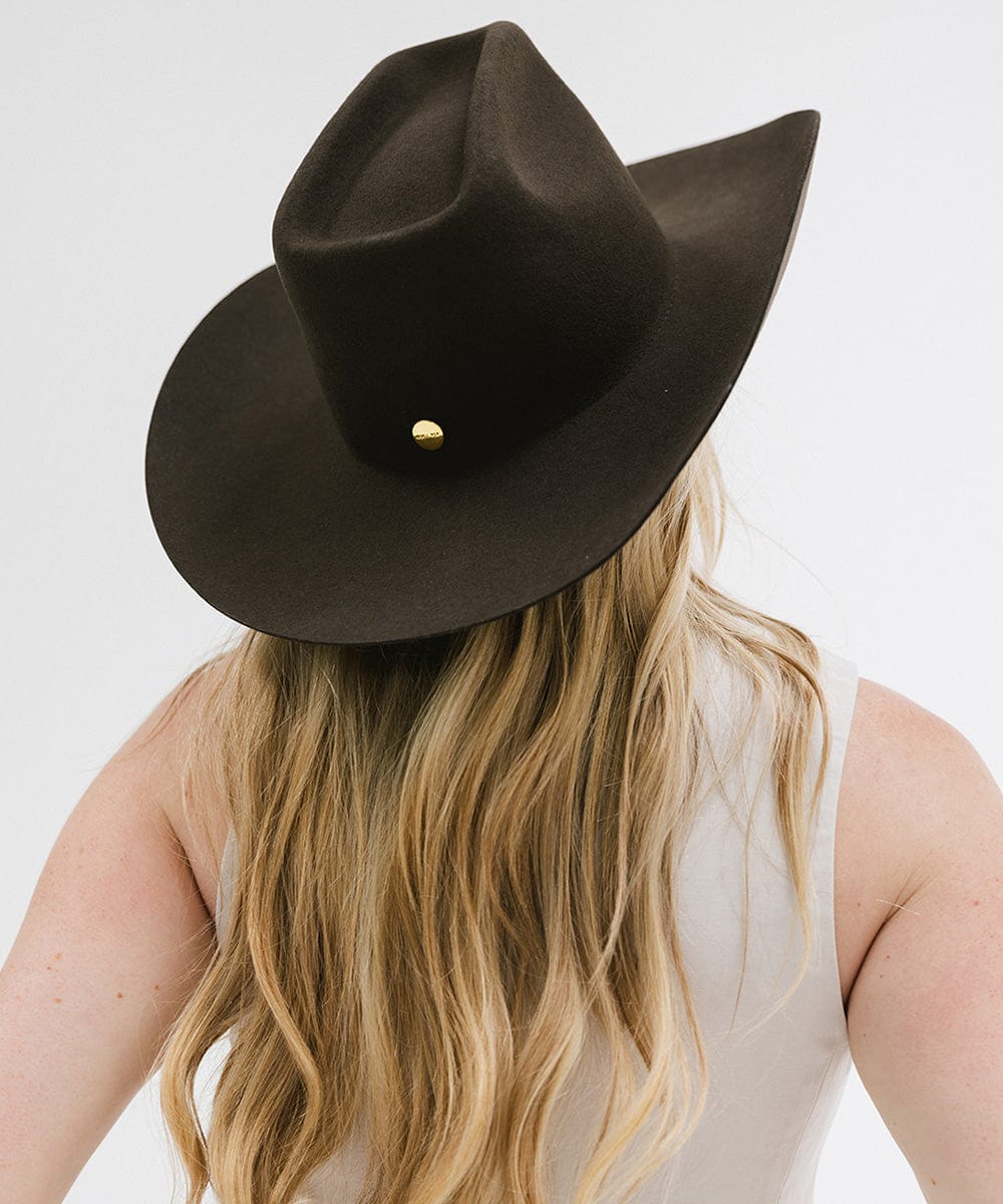 Lane Cowboy Hat with wide Western brim and unique brick top crown, hand-shaped for a classic yet edgy look
