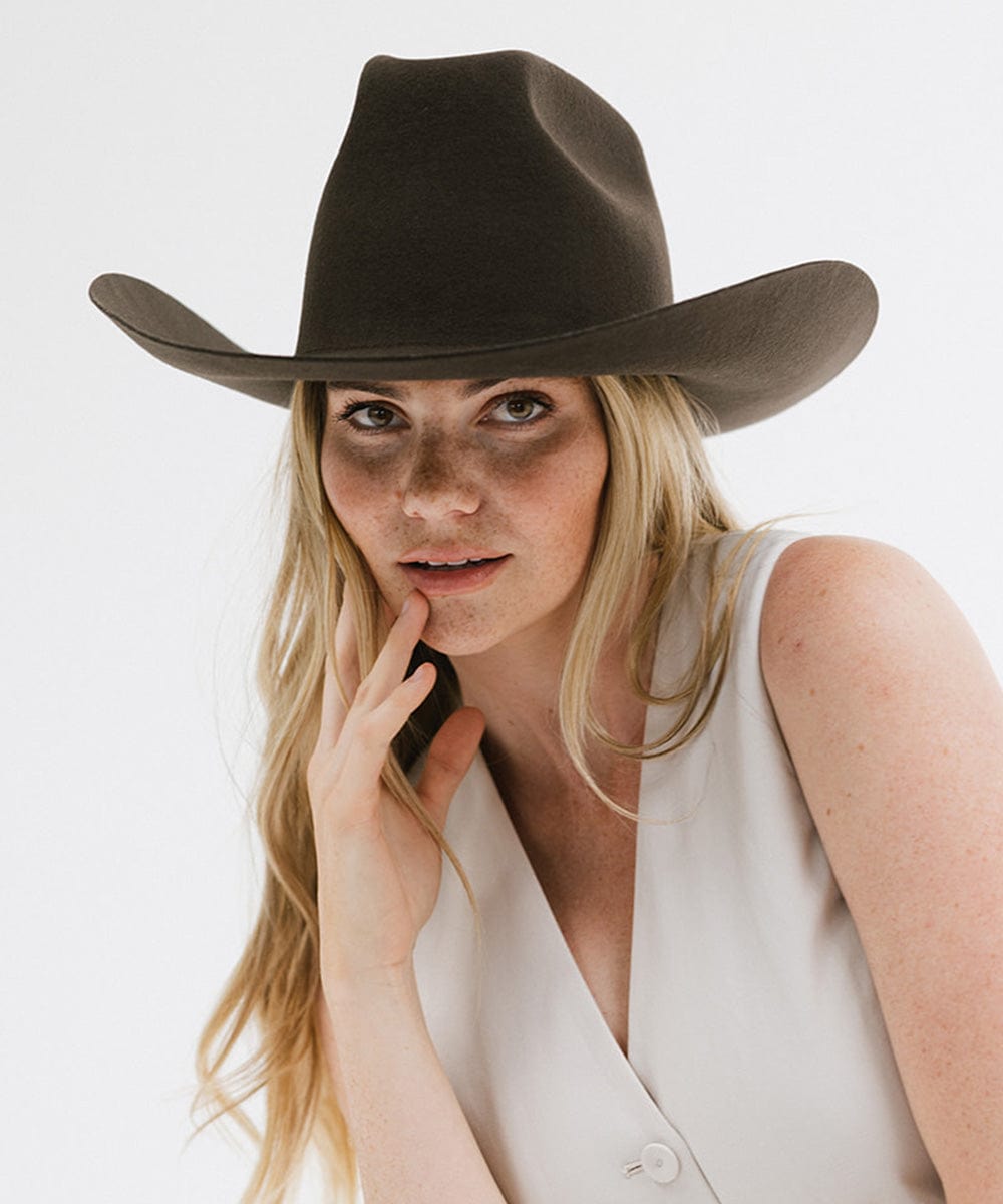 Lane Cowboy Hat with wide traditional Western brim and unique brick top crown, hand-shaped for a classic yet bold look.