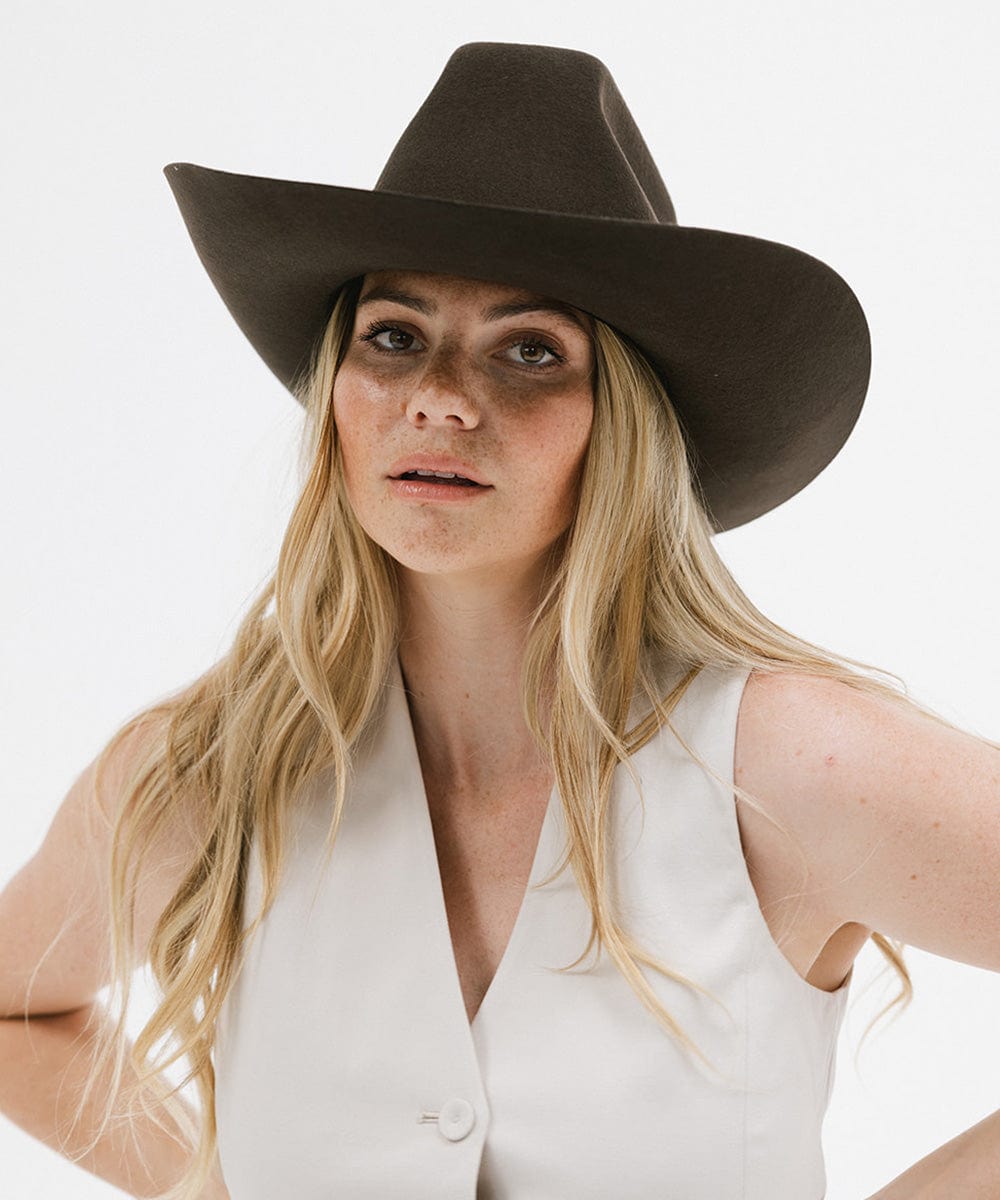 Lane Cowboy Hat with wide Western brim and unique brick top crown, hand-shaped for a classic Western look.