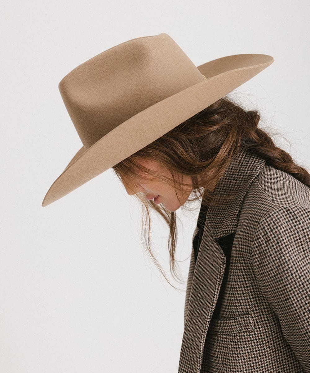 Lane Cowboy Hat with wide Western brim and unique brick top crown, hand-shaped for a classic yet edgy look