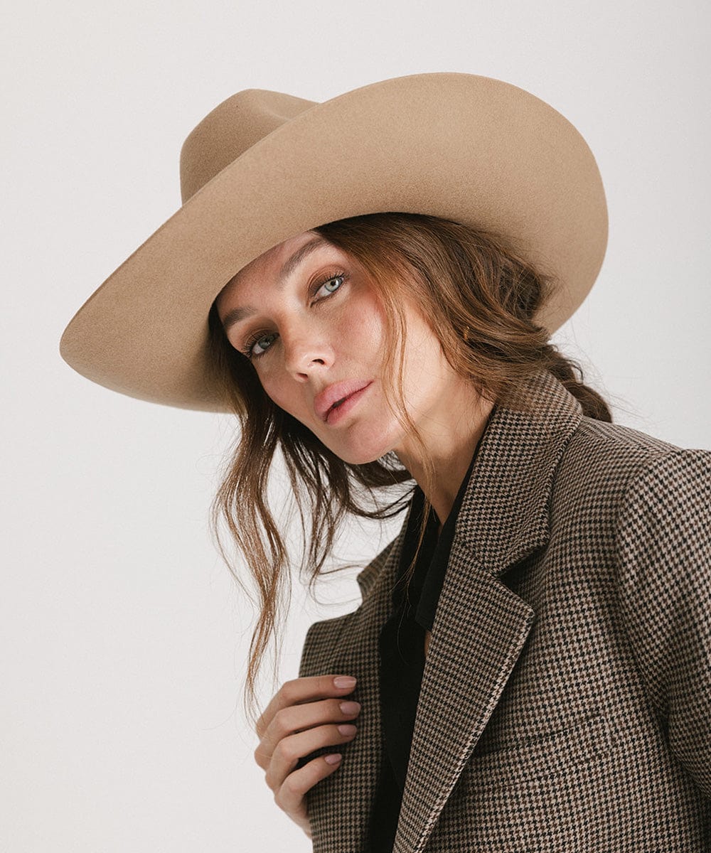 Lane Cowboy Hat with wide Western brim and unique brick top crown, hand-shaped for a classic yet edgy look