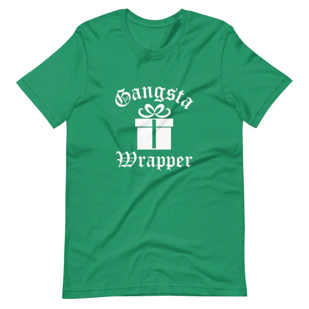 Gangsta Wrapper Christmas Tee with festive pun and unisex soft cotton fabric for holiday parties and gift giving