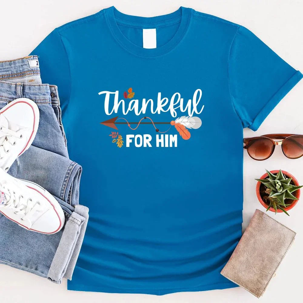 Couple wearing matching Thankful For Her/Him Valentines T-Shirts in soft cotton with playful design