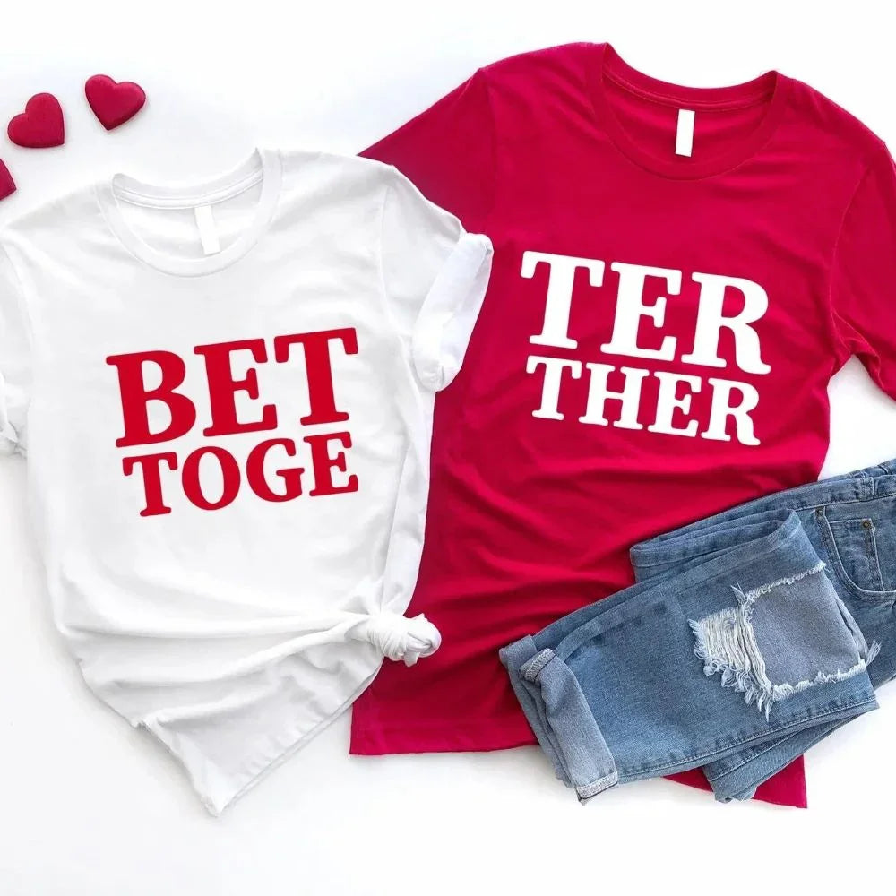 Couple wearing matching Better Together Couples Tee shirts celebrating love and unity