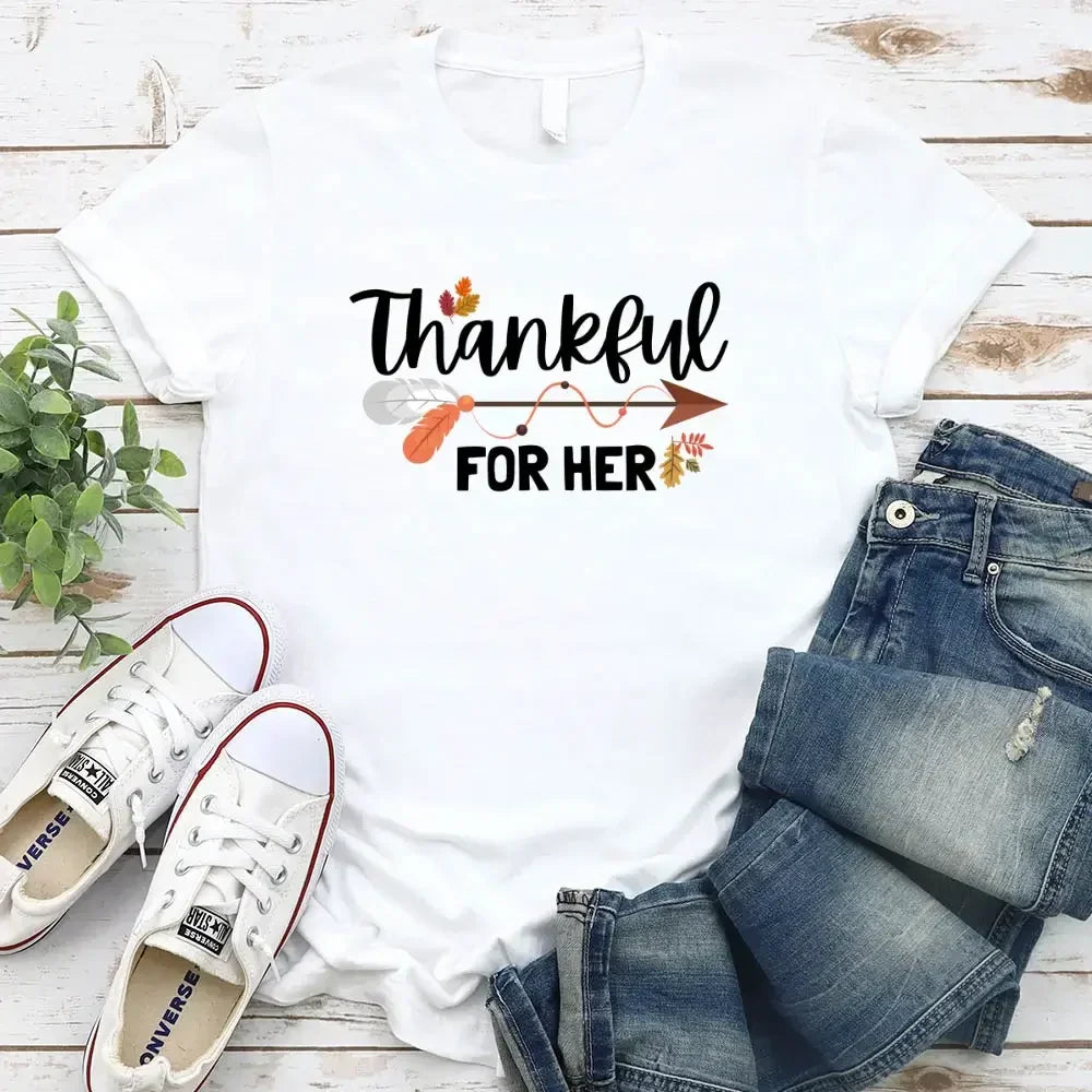 Couple wearing matching Thankful For Her and Thankful For Him Valentine’s Day t-shirts in soft cotton